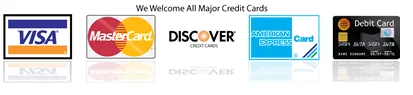 Visa, Mastrercard Discover, American Express, and Debit Card